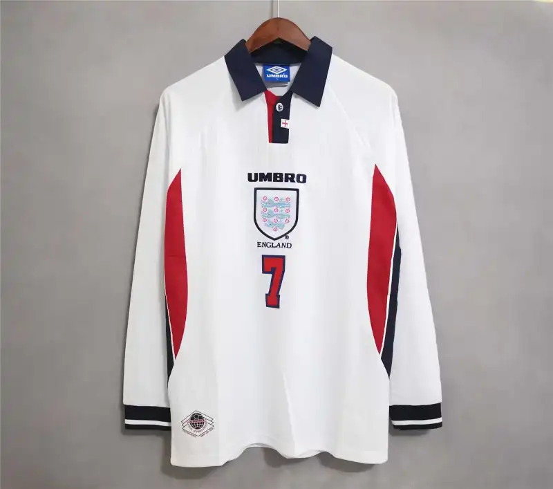 f20bd9d402 1998 England World Cup Home Retro Jersey Long Sleeve #7 BACKHAM #20 OWEN - Image 1